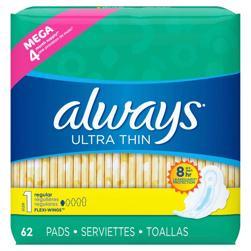 Photo 1 of Always Ultra Thin Pads Unscented with Wings - Regular Absorbency - Size 1 - 62ct
