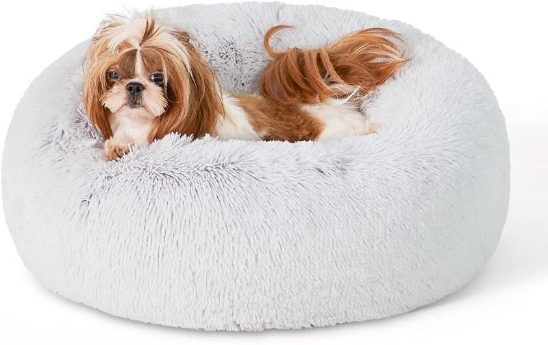 Photo 1 of Bedsure Calming Dog Bed for Small Dogs - Donut Washable Small Pet Bed, 23 inches Anti Anxiety Round Fluffy Plush Faux Fur Cat Bed, Fits up to 25 lbs Pets, Frost Grey
