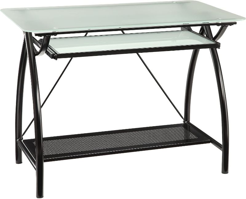 Photo 1 of OSP Home Furnishings Newport Computer Desk with Frosted Tempered Glass Top, Pullout Keyboard Tray, and Black Powder Coated Steel Frame
