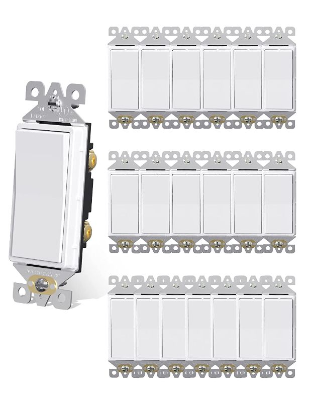 Photo 1 of AIDA Single Pole Rocker Decora Light Switch, 15 Amp Self-grounding Electrical Light Switches, Residential Grade, UL Listed (20 Pack, White)
