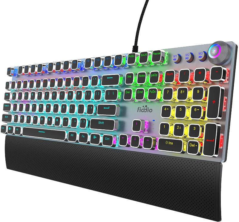 Photo 1 of Fiodio Mechanical Gaming Keyboard, LED Rainbow Gaming Backlit, 104 Anti-ghosting Keys, Quick-Response Black Switches, Multimedia Control for PC and Desktop Computer, with Removable Hand Rest
