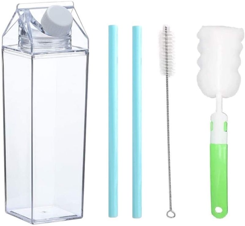 Photo 1 of 1 Pack Milk Carton Water Bottle Clear Transparent Drinking Cup Reusable Creative Eco Leakproof Bottles + 2 Silicone Straw (B - 34oz