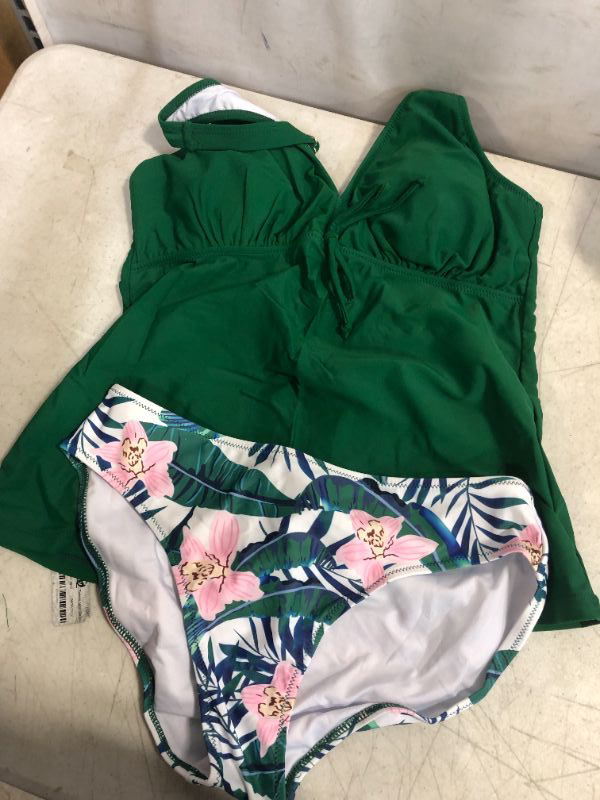 Photo 2 of Womens Tankini Swimsuits High Waisted Tummy Control Two Piece Bikini Peplum Flowy Swim Tops Teen Girls Bathing Suits Green Floral Printed Tankini Set Large