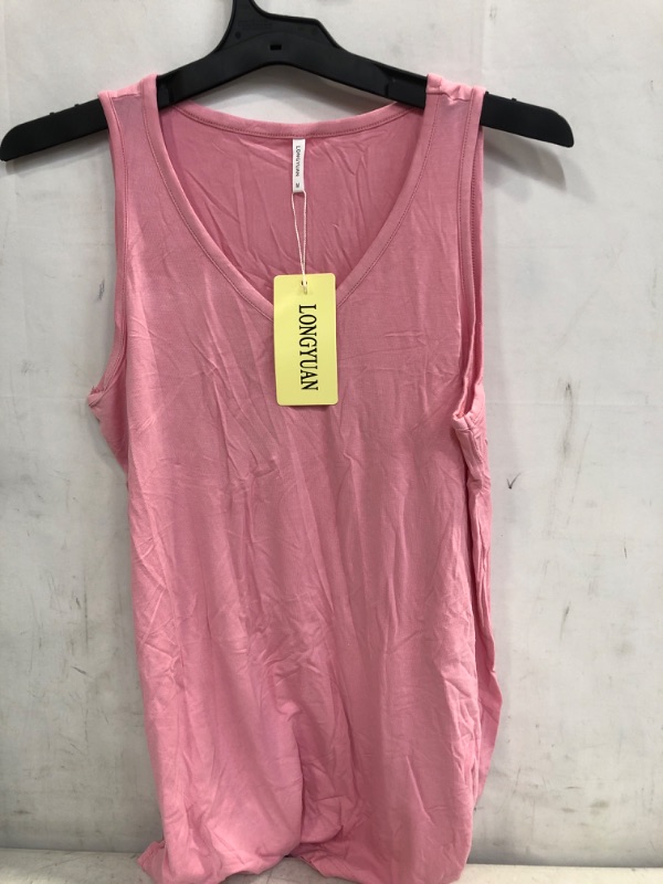 Photo 2 of LONGYUAN Women Summer Casual Sleeveless Tank Tops Vneck Loose Fit Tunic Hide Belly Tshirt Blouse 2022