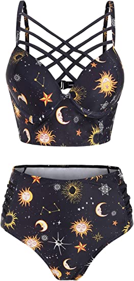 Photo 1 of JMSUN Summer Women's Sun Star Moon Lattice High Waisted Tankini Swimsuit L
