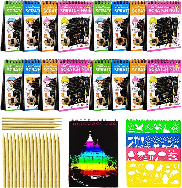 Photo 1 of 16 Pack Scratch Arts and Crafts Notebooks,Scratch Note Pads for Kids,Includeing 4 Drawing Stencils and 16 Wooden Stylus,Scratch Paper for Kids Art Party Supplies Stocking Stuffers -- FACTORY SEALED ITEM!!
