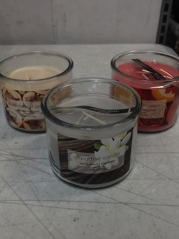 Photo 1 of 3 ct - 11oz Glass Jar 3-Wick Berry Mandarin Candle, Sandalwood amber, paradise vanilla
