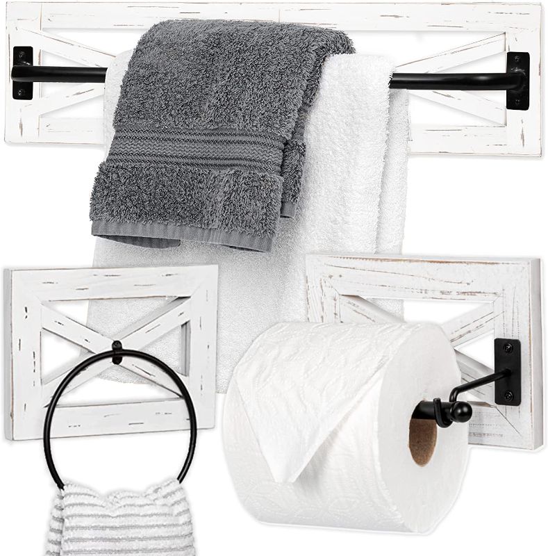 Photo 1 of  Rustic Towel Bar Toilet Paper Holder Set with Towel Ring for Bathroom- Wall Mounted Bathroom Racks - White Wood & Black Metal Bar, Farmhouse Decor
