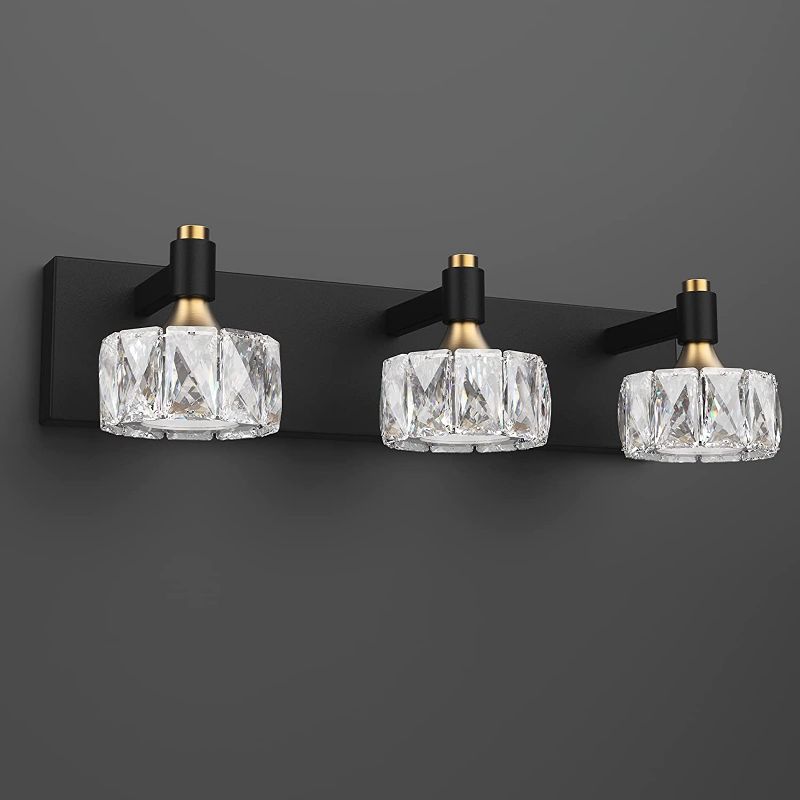 Photo 1 of 3-Light Crystal Bathroom Vanity Light Fixtures Over Mirror Black Modern LED Wall Lights for Bathroom 6000K Cool White Bath Light
