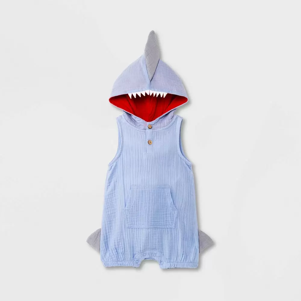 Photo 1 of Baby Boys' Gauze Elevated Shark Romper - Cat & Jack Periwinkle Blue 3-6M
