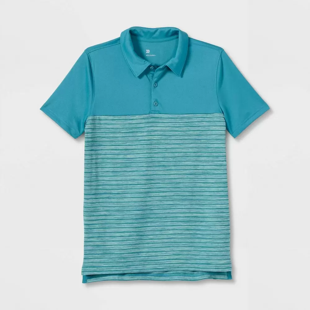 Photo 1 of Boys' Striped Golf Polo Shirt - All in Motion Teal Blue MEDIUM
