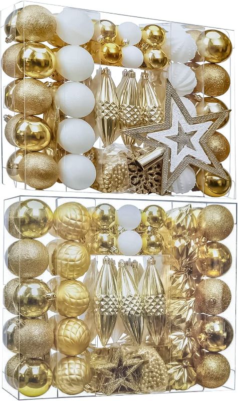 Photo 1 of 100pcs Christmas Balls Ornaments for Xmas Tree, Delicate Christmas Decoration Baubles Craft Set Shatterproof Plastic Christmas Ornaments Balls kit for New Year Holiday Wedding Party(Gold+White)
