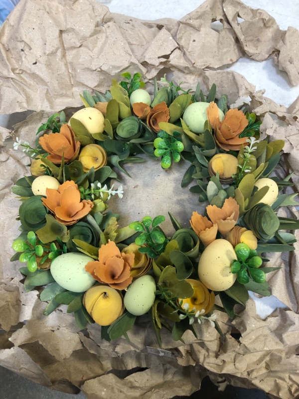 Photo 2 of Abbott Collection 27-CADBURY-351 Large Egg & Flower Wreath, Yellow/Orange
