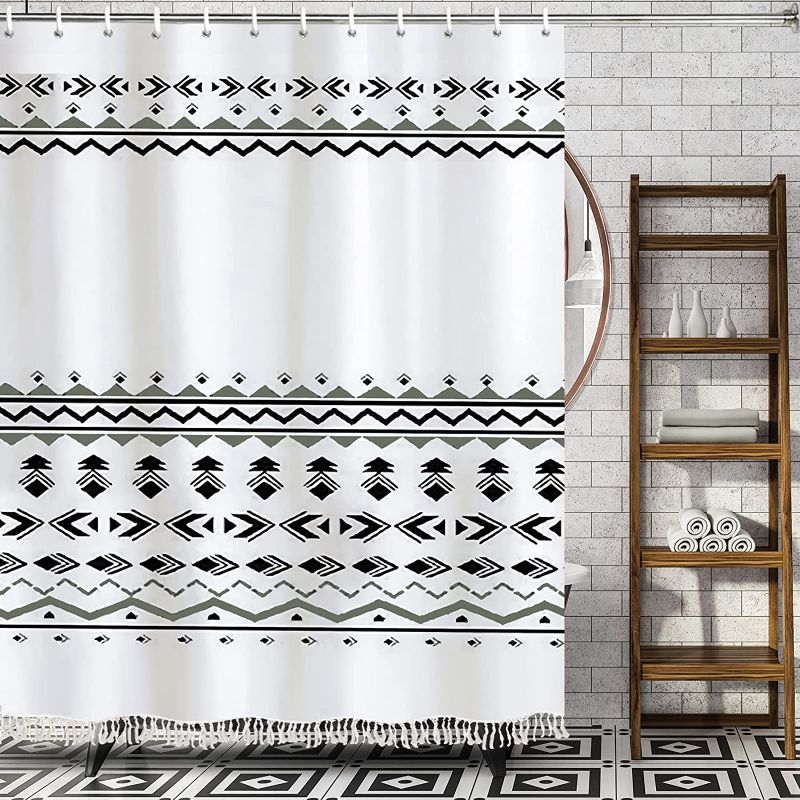 Photo 1 of Ameyahud Black White Shower Curtain Tassel Shower Curtain Geometric Boho Shower Curtain Modern Farmhouse Shower Curtain Curtain Waterproof Bath Curtains Bathroom Decor with 12 Hooks, 59” W×70” H
