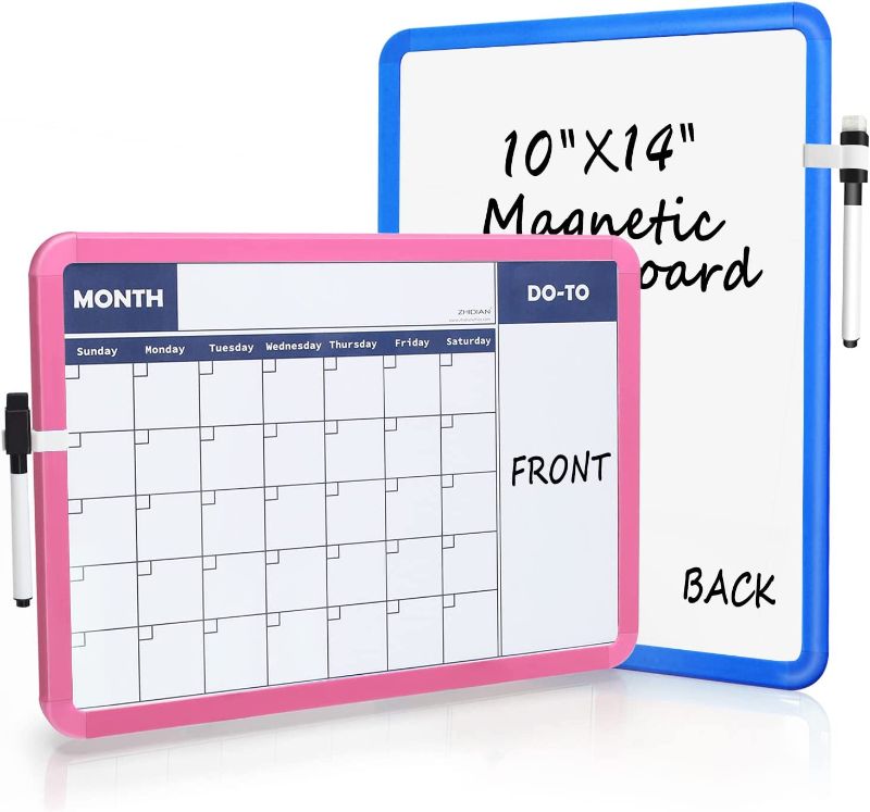 Photo 1 of 2Pack Dry Erase Calendar for Wall, Magnetic Calendar for Kids, 2-Sided White Board Monthly Calendar Dry Erase, Small Wall Calendar Board 14x10"- Pink+Blue Plastic Frame
