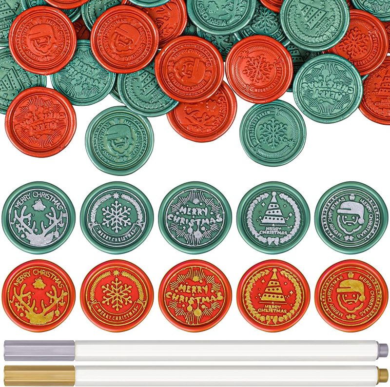 Photo 1 of 200 Pieces Christmas Wax Seal Stickers Adhesive Envelope Seal Stickers Santa Elk Tree Snowflake Wax Seal Sticker Christmas Adhesive Wax Seals with 2 Pens for Christmas Card Box Envelope (Round Style)
