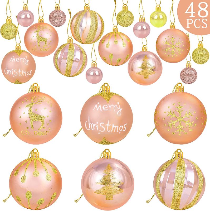 Photo 1 of 48PCS Rose Gold Christmas Ball Ornaments for Xmas Tree - 10 Styles Christmas Tree Baubles Ornaments - Shatterproof Christmas Tree Decorations Hanging Ball for Farmhouse Christmas Party Decorations
