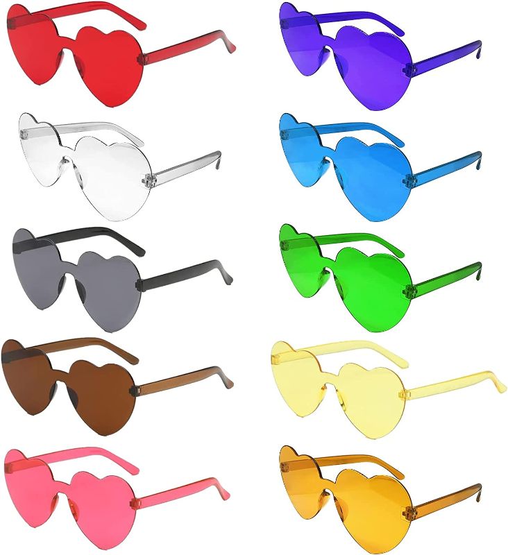 Photo 1 of 10 Pairs Heart Sunglasses Bulk One Piece Transparent Love Glasses Tinted Eyewear Candy Color Frameless Glasses Thick Slices for Valentines Party Favors
