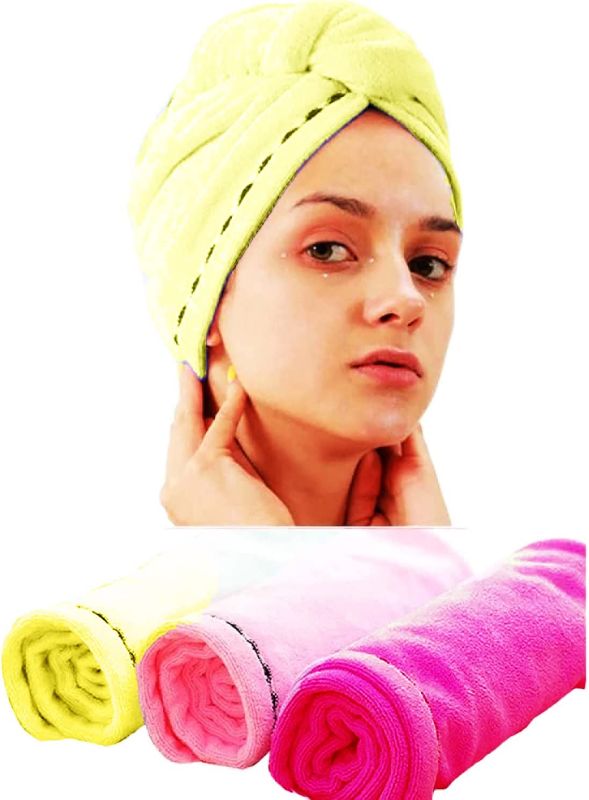 Photo 1 of 3 Pack Microfiber Hair Towel Turban, Super Absorbent Anti Frizz Hair Towel Wrap, Soft Dry Hair Cap with Button for Women, Daughter, Wet, Long, Thick Hair (Pink, Rose, Yellow)
