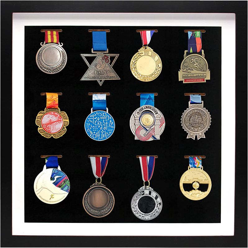 Photo 1 of 16x16 Inch Medal Display Shadow Box Frame, 12 Medals Display Case, 3D Wooden Medal Box Frame for Runners Marathon Triathlon Soccer Gymnastics All Sports Badge Award Insignia (Black)
