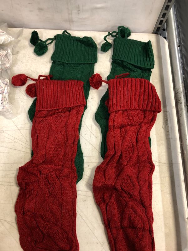 Photo 1 of 4 PCS Nutmeg Red/Green 18-inch Hanging Knit Pom-Pom Holiday Christmas Stocking (Set of 2) -- FACTORY SEALED 