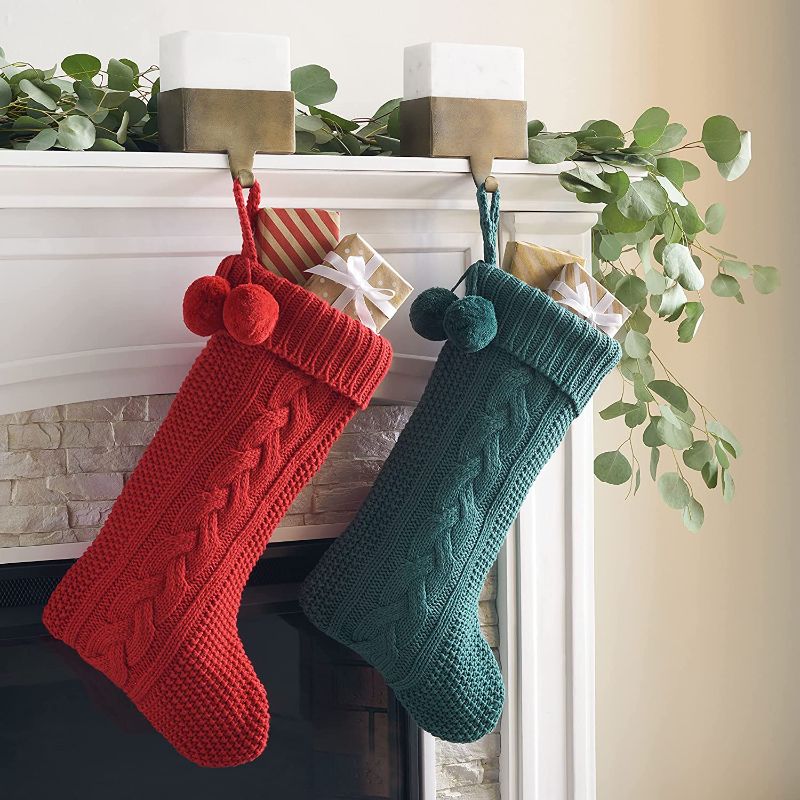 Photo 1 of 4 PCS Nutmeg Red/Green 18-inch Hanging Knit Pom-Pom Holiday Christmas Stocking (Set of 2) -- FACTORY SEALED 