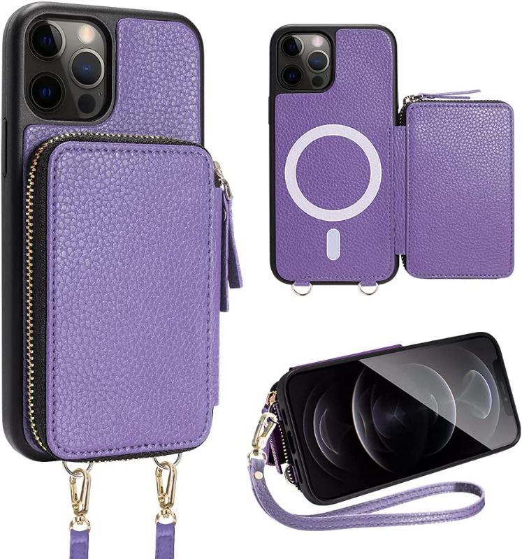 Photo 1 of ZVE iPhone 12 Pro Wallet Case with Magsafe Charging, iPhone 12 RFID Blocking Card Holder Leather Crossbody Magnetic Purse Cover Gift with Wrist Strap for iPhone 12/12 Pro, 6.1 inch-Light Purple
