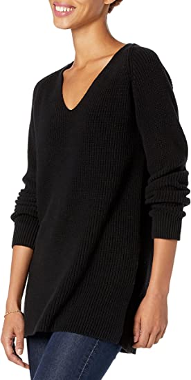 Photo 1 of Brand - Goodthreads Women's Cotton Half-Cardigan Stitch Deep V-Neck Sweater, BLACK, SIZE MEDIUM