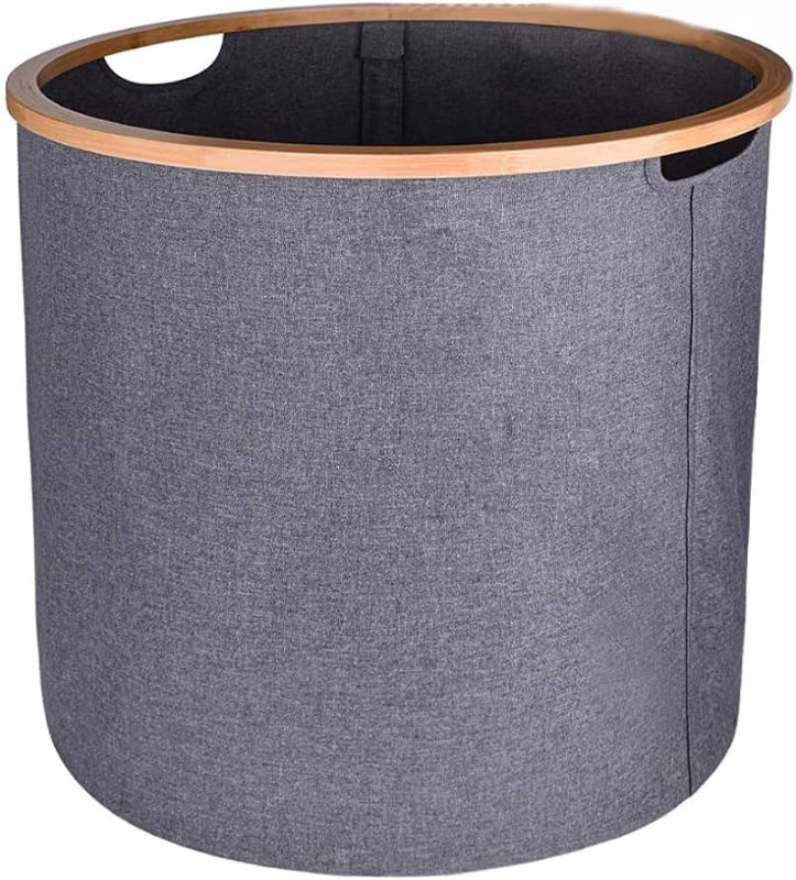 Photo 1 of 90L Capacity Laundry Hamper, Round Foldable Bamboo Laundry Basket, with Handles, Collapsible Baskets for Clothes & Storage & Bedroom - Gray
