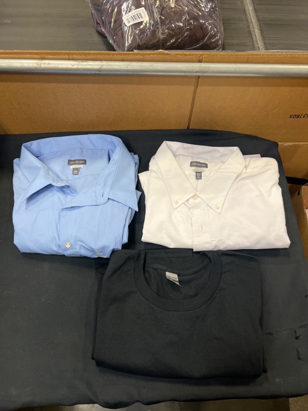 Photo 1 of 3PC LOT, MEN'S VARIOUS CLOTHING, 2 DRESS SHIRTS SIZE (22 37/38) & (20 1/2 - 21 36/37), 1 BLACK TSHIRT SIZE 3XL 