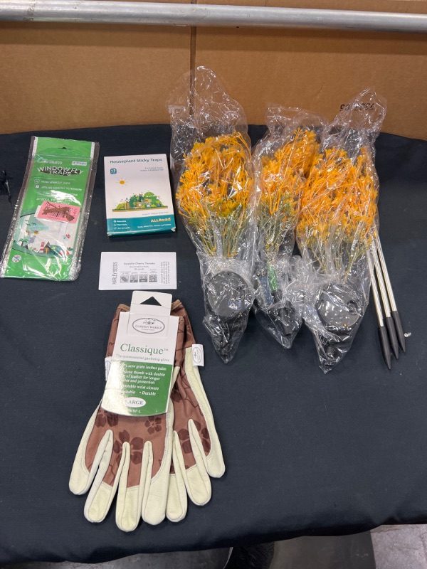 Photo 1 of 5PC LOT, VARIOUS GARDENING ITEMS, GLOVES, STICKY TRAPS, TOMATO SEEDS, & FAUX FLOWER SOLAR GARDEN LIGHTS 