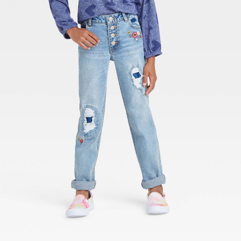 Photo 1 of Girls' Floral Mid-Rise Embroidered Button-Front Girlfriend Jeans - Cat  Jack* Light Wash
8