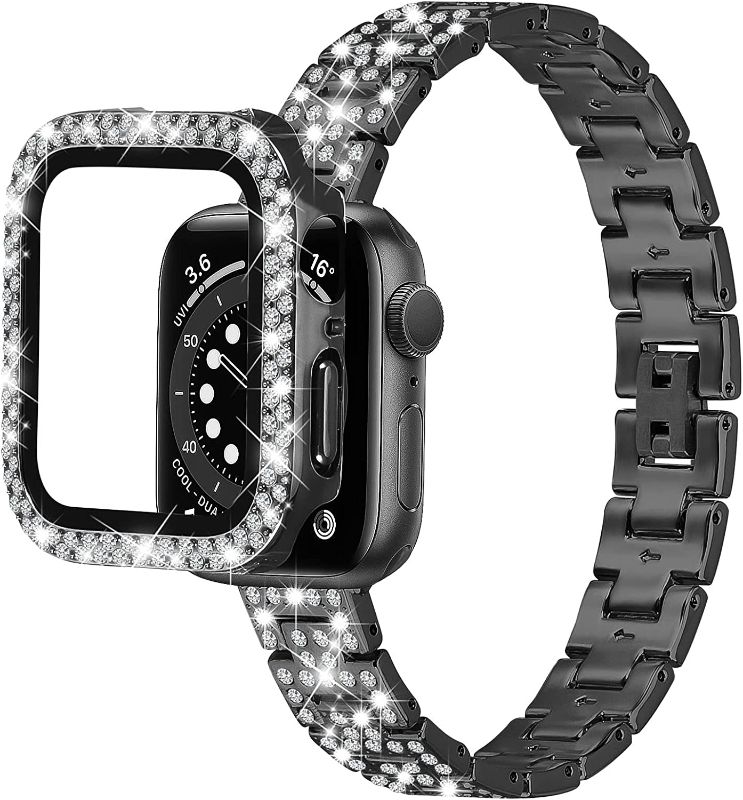 Photo 1 of V.R.HOPE Bling Band Compatible with Apple Watch Band 40mm, Women Jewelry Bling Diamond Rhinestone Metal Band with Bling Bumper Screen Protector Cover for iWatch Series 6/5/4/SE (40mm Black)
