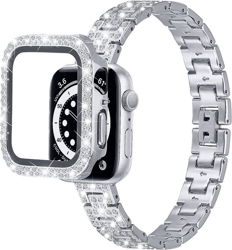 Photo 1 of V.R.HOPE Bling Band Compatible with Apple Watch Band 44mm, Women Jewelry Bling Diamond Rhinestone Metal Band with Bling Bumper Screen Protector Cover for iWatch Series 6/5/4/SE (44mm Silver)
