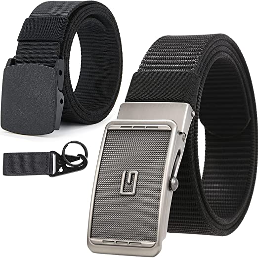 Photo 1 of Clobri 2 Pack Men's Military Web Belts,Adjustable Casual Outdoor Web Belt Canvas Webbing,Nylon Belts for Men with Metal Buckle and Plastic Buckle Breathable for Work Sports,Black
