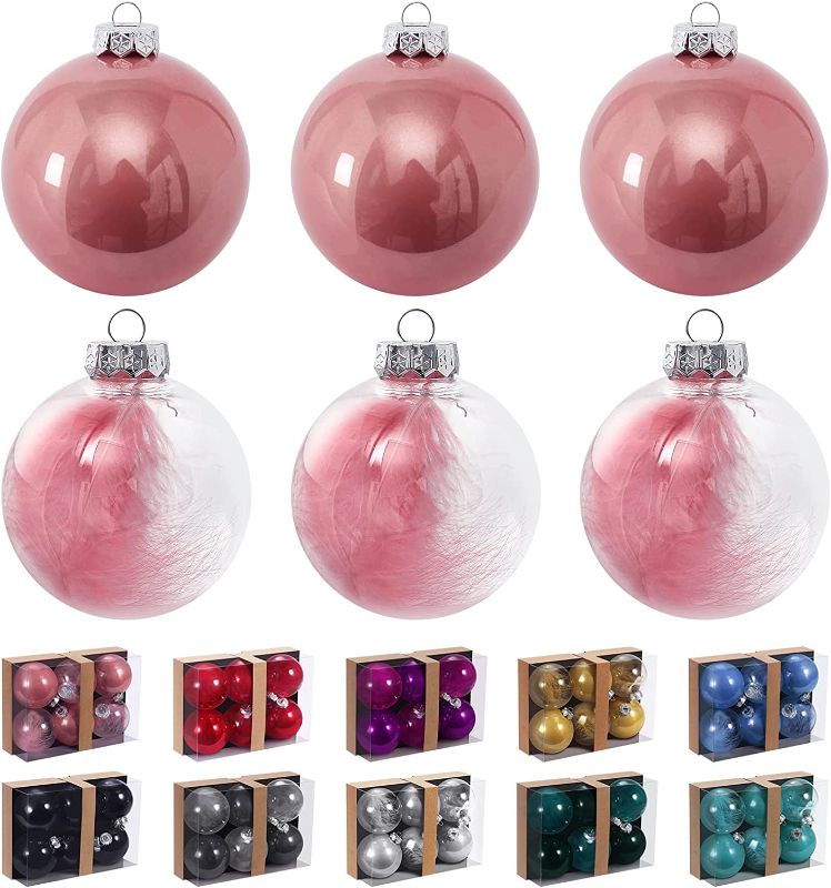 Photo 1 of  Super Bang 2.76" Christmas Ornaments Set, Clear Plastic Shatterproof Christmas Hanging Ball Ornaments for Xmas Tree Decorations, for Indoor Home Thanksgiving Party Decor- 6PCS, Pink.
