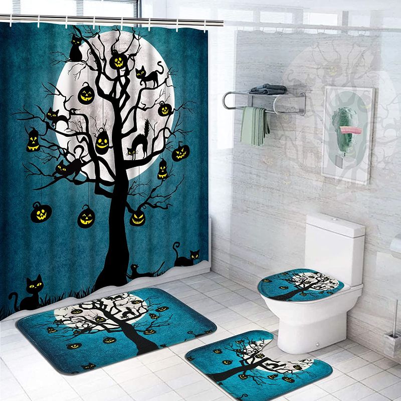 Photo 1 of Alishomtll 4 Pcs Halloween Shower Curtain Set with Non-Slip Rugs, Toilet Lid Cover and Bath Mat, Scary Pumpkin Shower Curtain with 12 Hooks, Black Cat Tree Shower Curtains for Bathroom, Blue, Large
