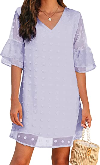 Photo 1 of BELONGSCI Women's Dress Sweet & Cute V-Neck Ruffle Bell Sleeve Swiss Dot Shift Dress Mini Dress
, SIZE L