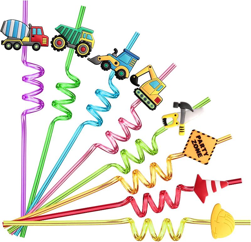 Photo 1 of 21 Reusable Construction Plastic Straws Excavator Bulldozer Blender Truck for Construction Theme Birthday Party Supplies Gift Favors with 2 Cleaning Brushes
