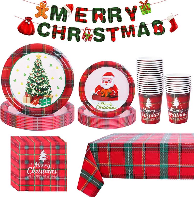 Photo 1 of 98PCS Christmas Paper Plates and Napkins for 24 Guests, Christmas Party Supplies Dinnerware Set with Disposable Dinner and Dessert Plates, Tablecloth, Cups, Flag for Christmas Party Decorations