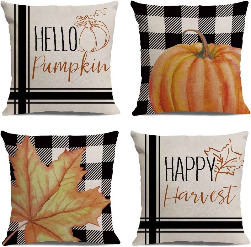 Photo 1 of 
LITVACK Fall Pillow Cover Set of 4 Happy Harvest and Happy Pumpkin Throw Pillow Cover Cushion Cover 18 x 18 Inch