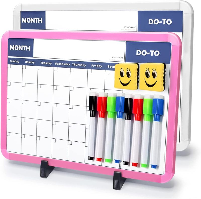 Photo 1 of 2Pack Kids White Board Calendar Desktop with Adjustable Stand, 8Markers, 2Erasers, 2-Sided Magnetic Small Dry Erase Board Tabletop Easel for Home Office, White&Pink Frame, 10x14"