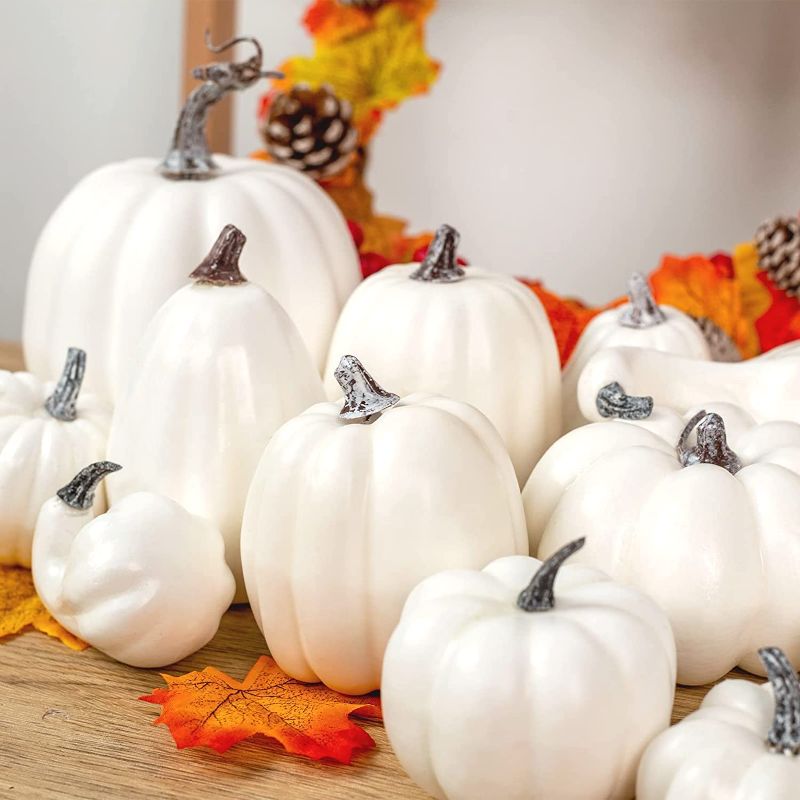 Photo 1 of 
LOVEINUSA Thanksgiving Artificial Pumpkins Home Decoration Set, 12PCS White Fake Pumpkins Artificial Assorted Pumpkins Fall Decor