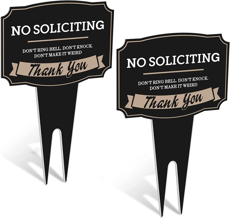 Photo 1 of 2 Pack No Soliciting Sign for House No Soliciting Yard Sign 15 x 9.45 Inches Go Away Sign No Solicitation Sign Don't Ring Bell Don't Knock Don't Make It Weird Yard Sign with Integrated Stake
