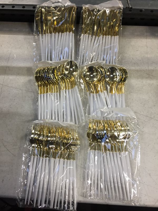 Photo 2 of 120Pcs Gold Plastic Silverware - Heavy Duty Plastic Silverware with White Handle, Gold Plastic Cutlery Set, Disposable White and Gold Plastic Flatware Included: 40 Forks,40 Knives,40 Soup Spoons