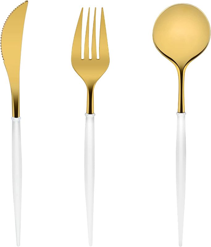 Photo 1 of 120Pcs Gold Plastic Silverware - Heavy Duty Plastic Silverware with White Handle, Gold Plastic Cutlery Set, Disposable White and Gold Plastic Flatware Included: 40 Forks,40 Knives,40 Soup Spoons
