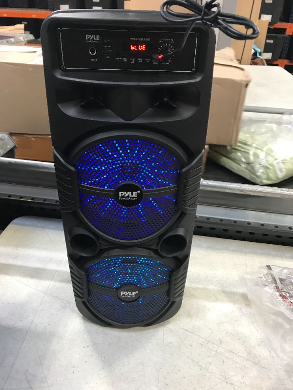 Photo 2 of Pyle Portable Bluetooth PA Speaker System - 600W Rechargeable Outdoor Bluetooth Speaker Portable PA System w/ Dual 8” Subwoofer 1” Tweeter, Microphone In, Party Lights, USB, Radio, Remote - PPHP2835B - DIRTY FROM USE AND HAS MINOR SCRATCHES -