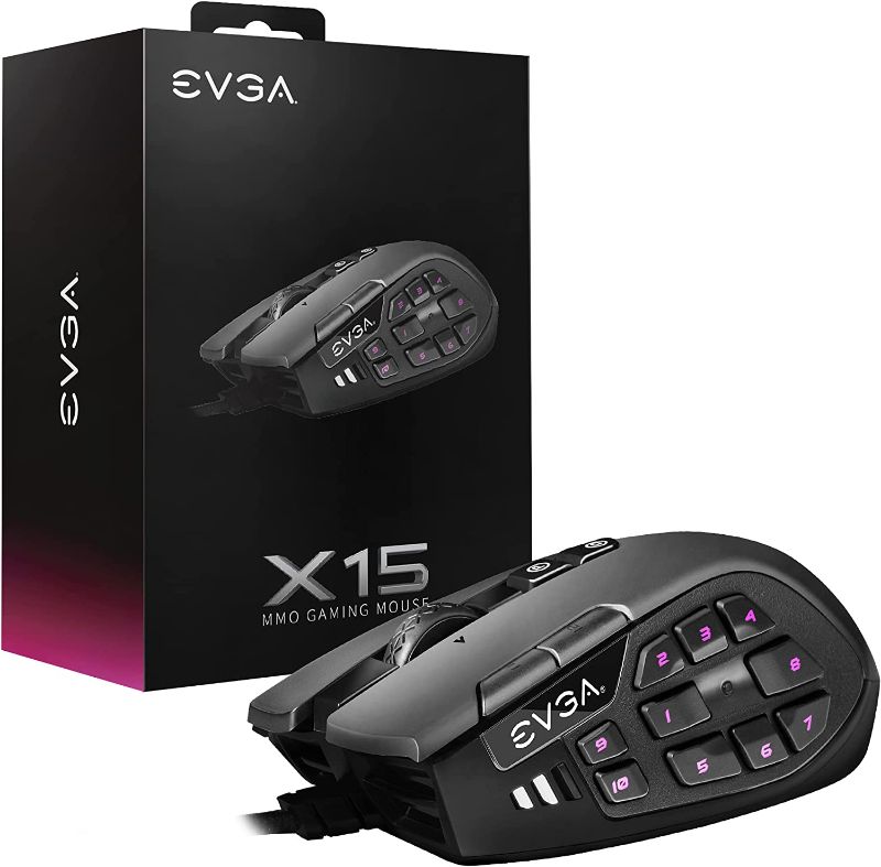 Photo 1 of EVGA X15 MMO Gaming Mouse, 8k, Wired, Black, Customizable, 16,000 DPI, 5 Profiles, 20 Buttons, Ergonomic 904-W1-15BK-KR - WAS FACTORY SEALED - OPENED FOR INSPECTION - BOX KINDA WARPED -