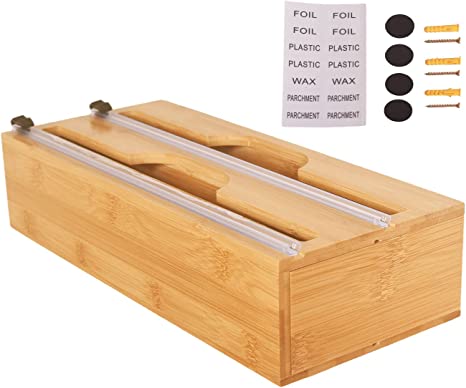Photo 1 of 2 in 1 Wrap Dispenser with Cutter and Labels, Plastic Wrap, Aluminum Foil, Parchment and Wax Paper Organizer for Drawer, Bamboo Cling Film Roll Storage Box, Compatible with 12" Roll
