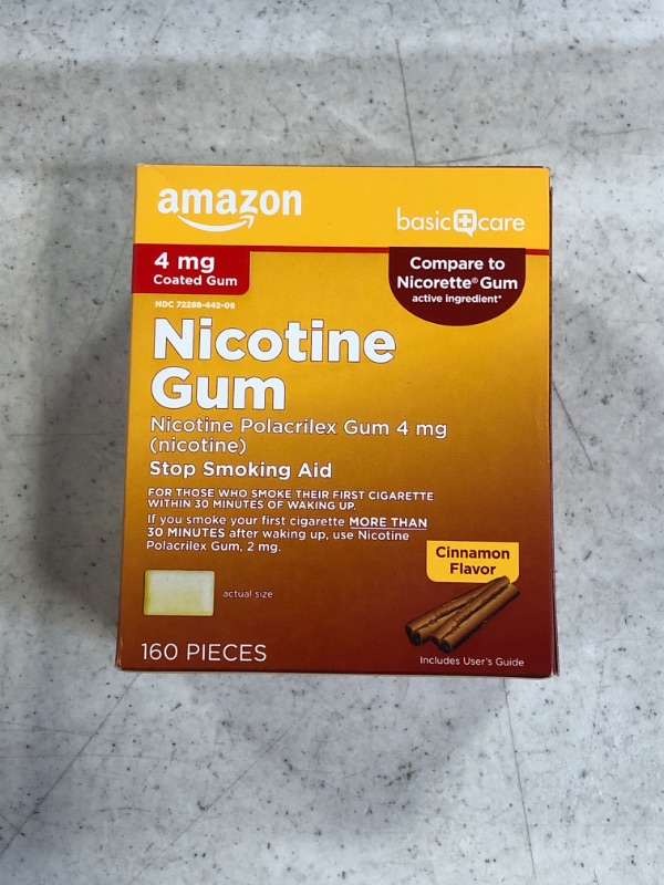 Photo 2 of Amazon Basic Care Nicotine Polacrilex Gum, 4 Mg (nicotine), Cinnamon Flavor, 160 Count - EXP: 03/2024
